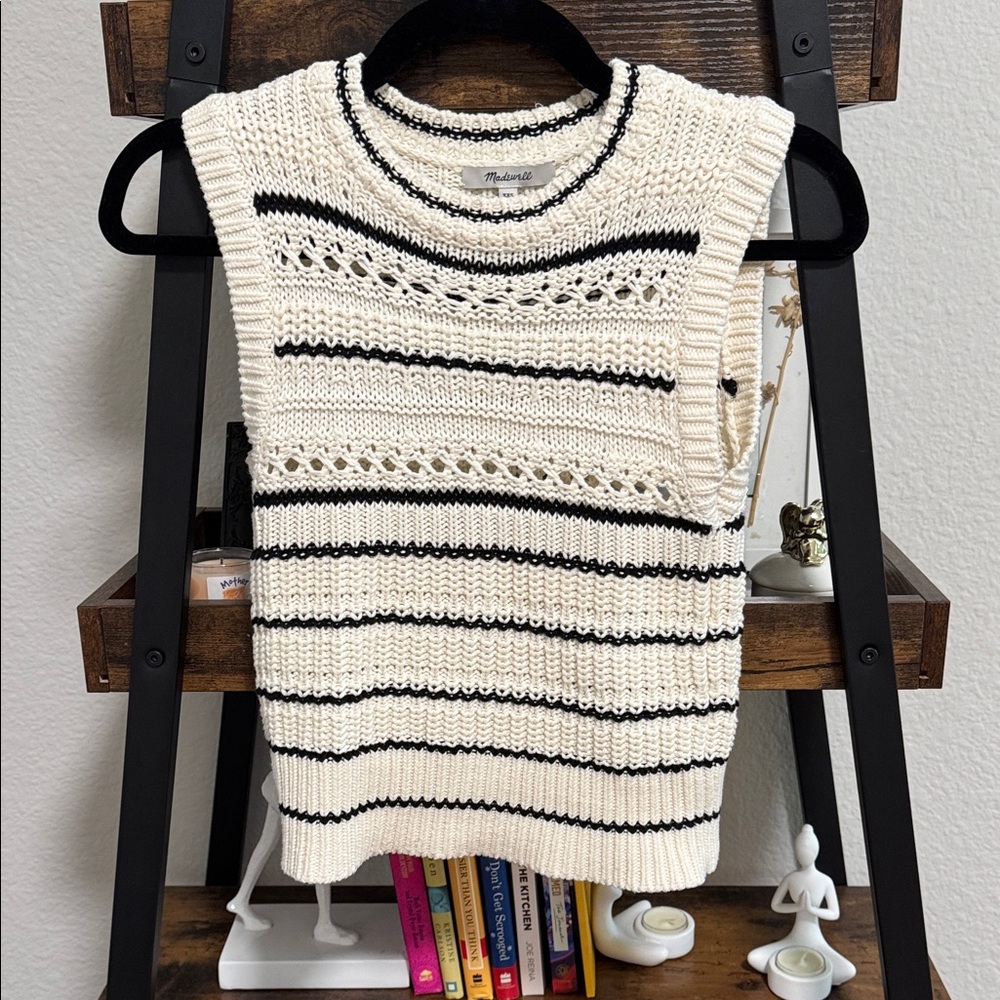 Madewell Cream & Black Striped Pointelle Sweater Vest | Cotton Knit | XXS